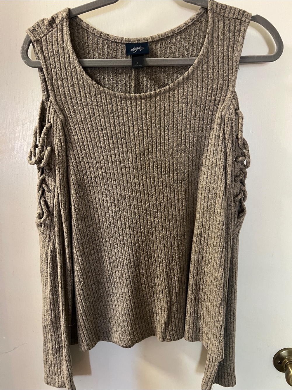 Daytrip Taupe Ribbed Cold-Shoulder Tank with Side Ties